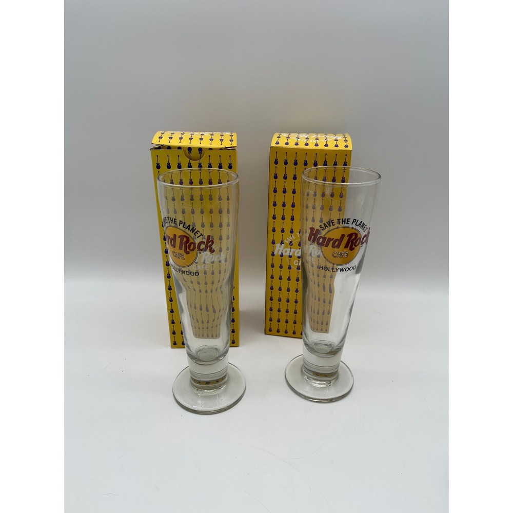 Hard Rock Cafe Hollywood Pilsner Glasses Set of 2 Save The Planet New in Box